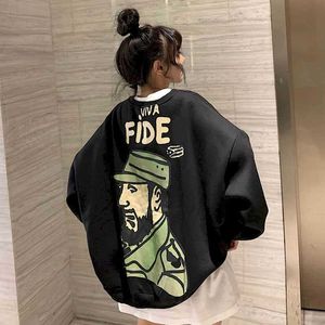 Plus Size Women's Sweatshirt Comic Print Korean Version Loose Belly Covering Velvet Thick Oversize Personality O-neck top 210526