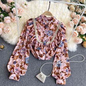 Singreiny Women French Flower Blouse Retro Turndown Collar Puff Sleeve Button Toppar Vår Casual Loose Bohemian Print Blusar 210419