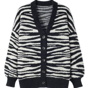 Designer tjock tröja kofta kvinnor mode v-hals casual tröja höst vinter kvinnlig zebra mönster lös stickad kofta