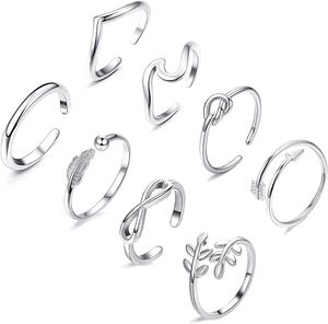 8PCS Open for Women Arrow Knot Wave Stackable Thumb Adjustable Rings Set