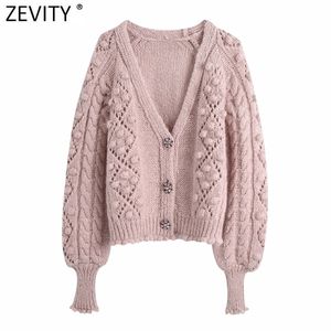 Kadın Moda V Boyun Topu Tığ Aplikler Örme Kazak Ceket Femme Chic Pırlanta Düğmesi Rahat Hırka SW810 Tops 210420