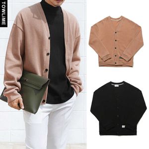 Män stickade skjorta våren höst vintage grundläggande långärmad kvinna solid cardigan streetwear knappar lös v-hals tröja skjorta toppar y0907