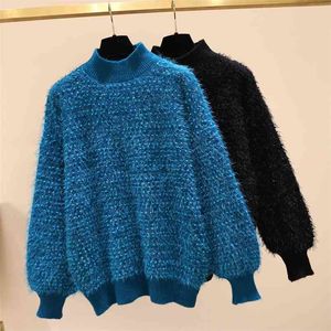 Kvinnor höst vinter tröja plus storlek turtleneck casual japan stil lat yttre slitage plumpy pullovers kvinnliga toppar blå gx1232 210506