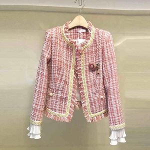 Elegant Pink Plaid Tweed Autumn Winter Women's Woolen Fringed Trim Tassels Brooch Long Sleeve Pearls Short Jacket Coat 210416