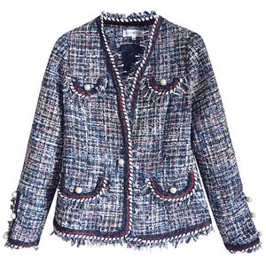 Kobiety Czarna Tweed Kurtka V Neck Z Długim Rękawem Imitacja Perły Przycisk Tassel Pocket Coat Mały styl zapachowy C0169 210514