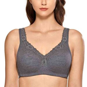 Women's Cotton Non Padded Lace Trim Full Coverage Wirefree Plus Size Bra 210728