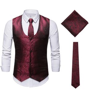 Mens Classic Wine Red Paisley Jacquard Floral Waistcost Handkerchief Party Wedding Tuxedo Tie Vest Suit Pocket Square Set