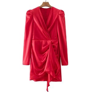 Kırmızı Saten Mini Elbise toptan satış-Günlük Elbiseler Yenkye Seksi Kadınlar Çapraz V Boyun Saten Kırmızı Elbise Kadın Uzun Kollu Draped Mini Parti Bayanlar Vestido