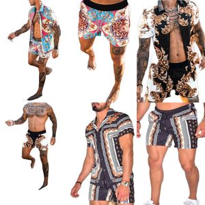Hawaiian Mens Printing Set Short Sleeve Summer Casual Floral Shirt Beach Shorts Two Piece Suit 2021 New Fashion Men Sets S-3XL X0610