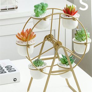 Ferris Wheel Plant Stand z 6 Soczyste Doniczki Dekoracyjne Ceramiczne Kwiat Sadzarka Pot Dla Home Office Desk Proste Białe Sadzarki