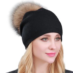 Beanie/Skull Caps Spessore doppio strato in cashmere Beanie Hat Grande vera pelliccia di procione Pom Winter Slouchy Women