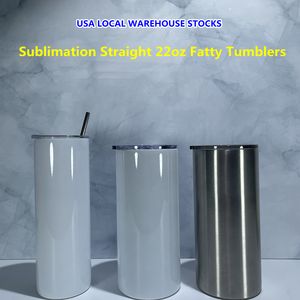 USA STOCKS! Sublimation 22oz Straight Fatty Tumblers Stainless Steel Double Wall Insulated Vacuum Blanks White Skinny Water Bottles DIY Coffee Mugs Drinking Cups