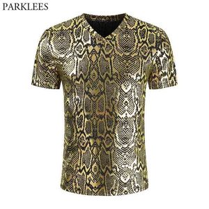 Sexy Schlangenmuster Gold Metallic T-Shirt Herren Ärmel Slim Fit V-Ausschnitt T-Shirts Herren Nachtclub Party Prom Bühnenkleidung 3XL 210522