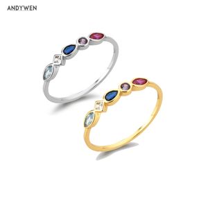 ANDYWEN 925 Sterling Silver Rainbow Blue Rose Red Women Rock Punk Colorful Luxury Rings Jewelry Round Fashion Crystal
