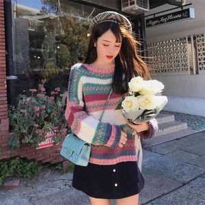 Autumn And Winter Retro Pullover Spell Color Striped Net Red Sweater Lazy Loose Women 210427