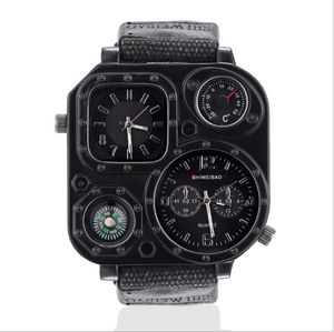 GMT Dual Time Military Mens Watch Outdoor Quartz Watches Canvas Band Compass 50mm Large Square Dial Masculine Wristwatches