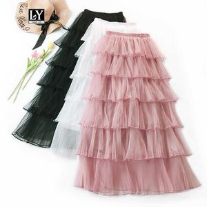 Ly Varey Lin Tulle Kjol Kvinnor Sommar Söt Tårta Långt Mesh Slim High Waist Black Pink Kvinna Mid-Calf S 210526