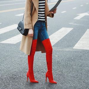 Boots Women's Sexy Suede Stretch Female Red Over-the-knee Thigh High Boot Ladies Side Zipper Pointed Heels Girl Long Shoes