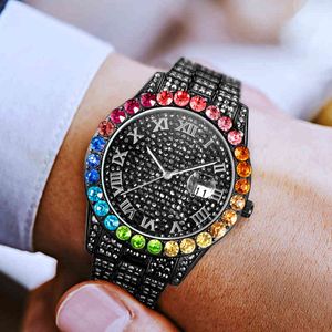 Reloj hombre MISSFOX Luxus Marke Uhr Schwarz Regenbogen Diamant Zifferblatt Quarz Ice Out Uhren Original Geschenk für Mann 2021