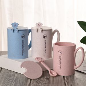 Piggy Kupa Buğday Sarı Fiber Tumblers Kolu Kapaklı Geniş Ağız Kupası Yaratıcı Hediye Bardaklar 4 Renkler