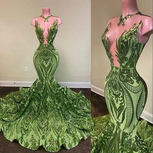Sparkly Sequins Olive Green Mermaid Prom Dresses 2022 Black Girls Jewel Neck Illusion Long Graduation Dress Plus Size Formal Sequined Evening Gowns