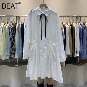 Kobiety Duży rozmiar Biały łuk Ruched Sukienka Turn-Down Szyi Długi Rękaw Loose Fit Fashion Pływo Wiosna Lato GX970 210421