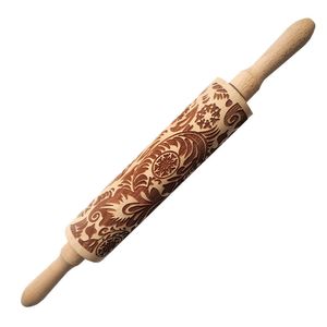 TENSKE Christmas Rolling Pin 38 CM Beech Engraved Embossed Wood Carved Wood Embossed Festival Rolling Pin Dough Kitchen Tool 211008