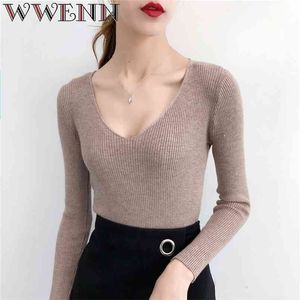 Pull Femme Sexy Deep V Neck Women Sweaters And Pullovers Winter Pink Gray Knitted Warm Jumper Slim Stretch Sweater Female 210507