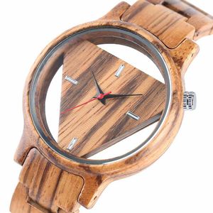 Orologio da uomo in legno a triangolo geometrico invertito unico Uomo Donna Quadrante vuoto creativo Orologio da polso al quarzo in legno pieno Reloj de madera 2020 X0625