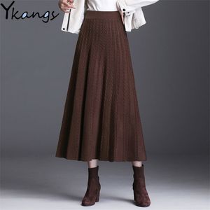 Winter Thick Warm Women Pleated Skirt Lurex High Waist Knitted Sweater s Korean Autumn Long A Line Midi Black Gray 210421