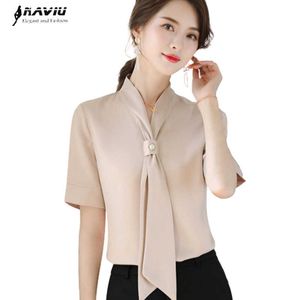 Elegant tröja Kvinnor Sommar Chiffong Aprikos Kortärmad V Nacke Loose Blouses Office Ladies Mode Temperament Arbeta Toppar 210604