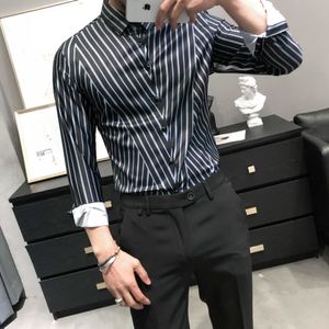V Striped Shirts Men Casual Business Formal Dress Shirts Spring Lomg Sleeve Slim Fit Social Party Blouse Streetwear Camisas 210527