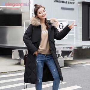 AELEGANTMIS WIRTER女性のコートロング厚い暖かいパッド入りファッション韓国の毛皮のフード付きアウターカジュアルパーカーS 210607