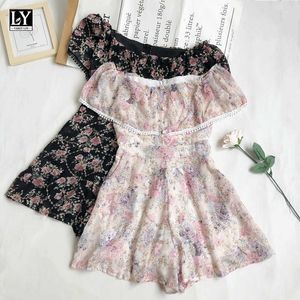 Ly Varey Lin verão mulheres bordado cintura alta cintura larga perna macacão casual colarinho floral chiffon jumpsuits shorts 210526