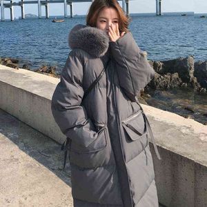 Winter Womens Down Puffer Long Jackets Baggy Thickening Warm Hooded Imitation Hair Collar Fashion Cotton Padded Parkas Coats 211130