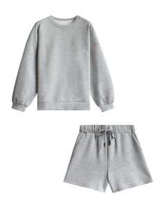 Womens Tracksuits 2 Piece Set Summmer Oversize Grey Long Sleeve Sweatshirt + Elastic Waist Shorts Outfits for Female 210607