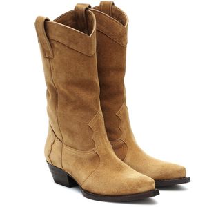 Lady Suede Boots Cowskin Ongle Square Leather 2021 Chunky 4.5cm Hitten Heels Ended Martin Knight Cowboy Booties Slip-on Half Knee Wedding Shoes حجم كبير 34-48 609