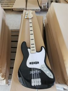 Gotowy w magazynie 4 ciągi elektryczne gitara basowa z białym pickguard, czarny korpus, może być dostosowany