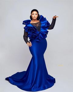 Royal Blue Sereia Prom Vestidos Glitter Lantejoulas Beads Puffy Satin Sleeves Longo Plus Size Party Vestido de Noite Vestido Varredura Trem Pageant Robe de Mariée