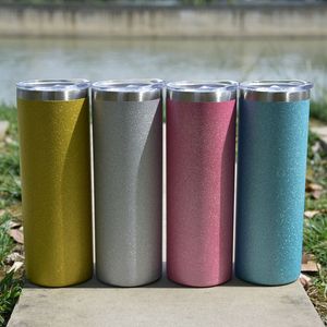 Großhandel! 20oz Skinny Straight Bunte Glitzerbecher Blau Weiß Rosa Gelb Edelstahl-Wasserflaschen Doppelwandige isolierte Tassen Trinkmilchbecher A12