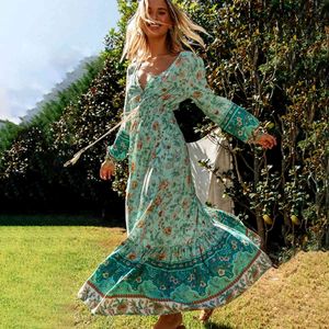 Jastie Boho Floral Imprimir Dress Mulheres Manga Longa Primavera Maxi Vestidos Hippie Chic Ajustada Cintura V-Neck Dress Beach Vestidos 210419