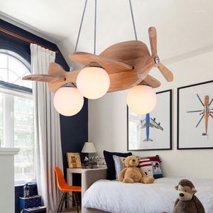Wood Airplane Chandelier For Children Kids Boy Bedroom LED Hanging Pendant Lamp Nursery Aircraft Suspension Lights Chandeliers