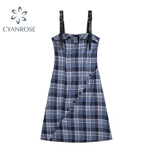 Frauen Plaid Spaghetti Strap Kleid Sommer Hosenträger Unregelmäßige Gespleißte Weste Kleider Einreiher Streetwear Slim Frcoks 210417