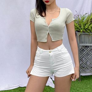 Women Spring Summer T-Shirt V Neck Short Sleeve Casual Crop Top Shirt Summer Solid Button Tee Shirt mujer New 210426