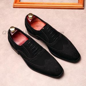 Luxury Suede Mens Brogue Oxfords Dress Shoes Genuine Cow Leather Black Pointed Toe Lace Up Male Formal Footwear Wedding Party