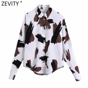 Kobiety Vintage Graffiti Print Casual Smock Bluzka Biuro Damskie Długie Rękaw Koszulki Biznesowe Femininas Topy LS7548 210416