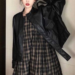 Winter Short Black Leather Top Female Korean Thin Outerwear Long Sleeve Coat Women Spring Streetwear Harajuku Lady Biker Jacket 210604