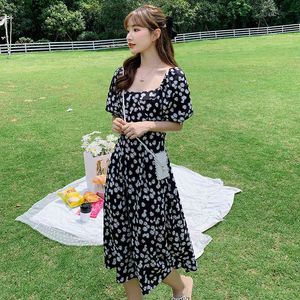 Kvinnor Daisy Floral Midi Black Chiffong Klänning Sommar Runway Elegant Koreansk Party Dress Boho Vintage Beach Vacation Dresses 210515