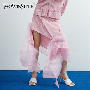 Asymmetrisk patchwork Ruffle kjol för kvinnor hög midja tryck vintage kjolar kvinnlig mode kläder stilig 210521