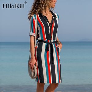 夏のドレスの女性の縞模様のビーチミニオフィスレディ長袖カジュアルなターンダウンカラーシャツローブフェムメ210508